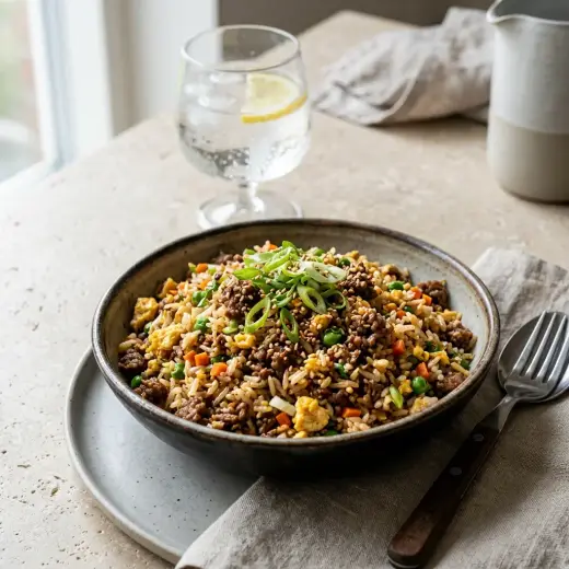 Arroz frito com carne de vaca, ovo, ervilhas e cenoura numa frigideira