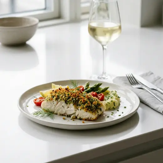 Bacalhau com crosta de ervas dourada em lombos, com salsa fresca e limão