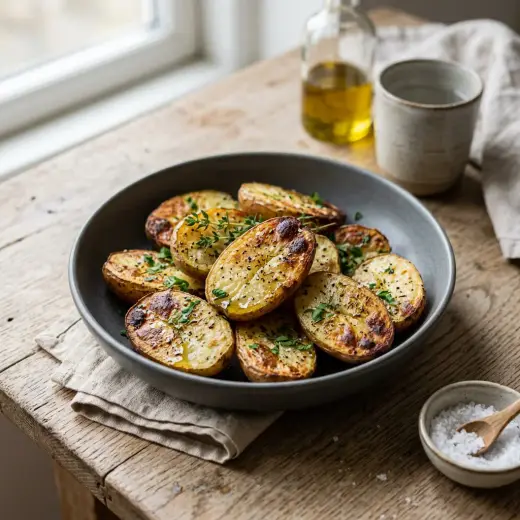 Batatas assadas na air fryer em cubos dourados com colorau e folhas de alecrim