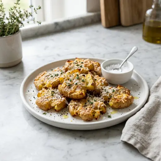 Batatas esmagadas com parmesão douradas, com tomilho, num tabuleiro de forno