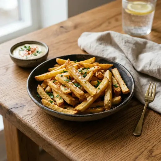 Batatas fritas na air fryer douradas e estaladiças dentro do cesto