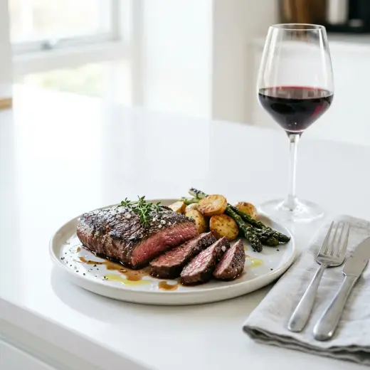 Bavette na frigideira cortada em fatias finas, com crosta dourada e interior rosado