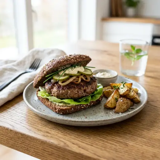 Bife de carne picada sandes em pão de sésamo com queijo derretido, alface e rodelas de cebola