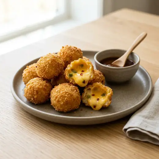 Bolinhas de queijo e malagueta na air fryer, panadas e douradas, com um molho para mergulhar