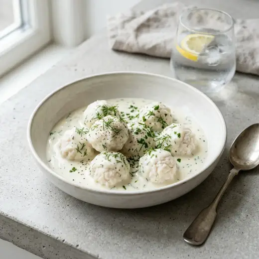 Bolinhos de peixe em molho branco numa travessa, com salsa picada por cima