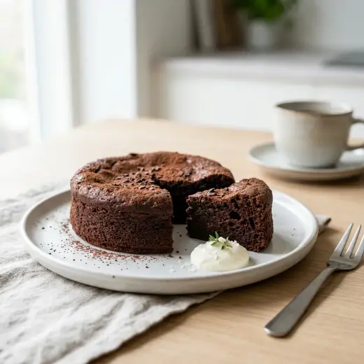 Bolo de chocolate na air fryer, fofo, cortado em fatias numa forma pequena