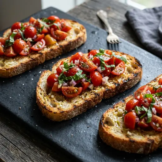 Bruschetta com alho em fatias de pão tostado com azeite e salsa picada