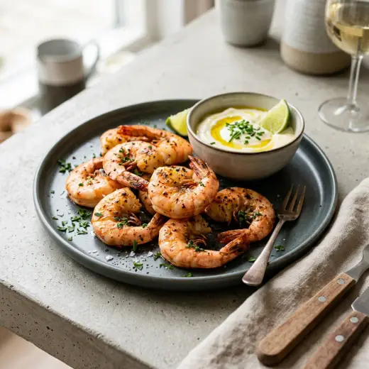 Camarões gigantes na air fryer com casca, salsa picada e gomos de limão numa travessa