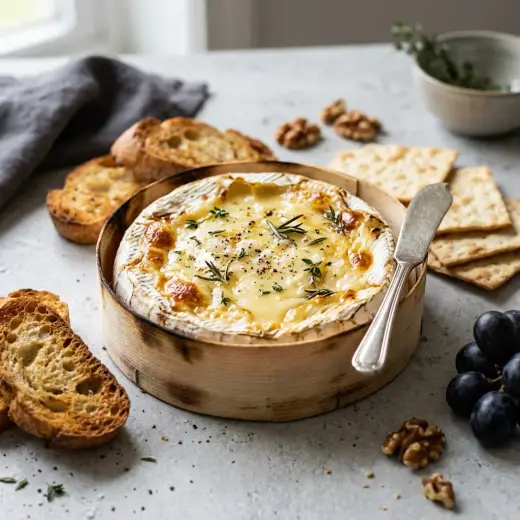 Camembert na air fryer derretido, com alecrim e mel, servido com pão torrado