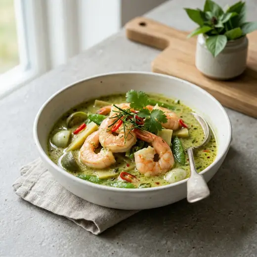 Caril verde com camarões, feijão-verde e pimento vermelho num prato fundo com arroz jasmim e coentros