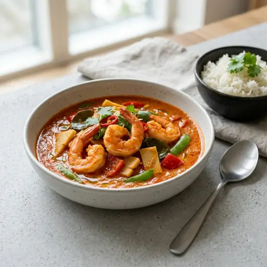 Caril vermelho com camarões, tiras de pimento e coentros, servido com arroz