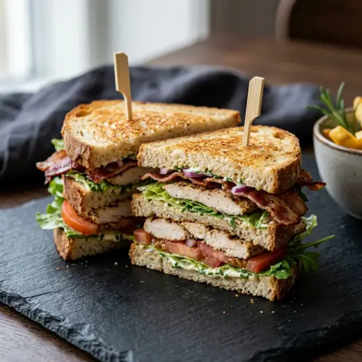 Club sandwich com frango cortado em triângulos, com camadas de bacon, ovo, tomate e alface
