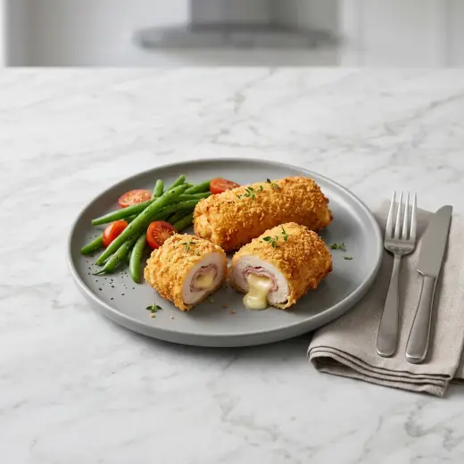 Cordon bleu de frango na air fryer, panado e dourado, cortado ao meio com o queijo derretido