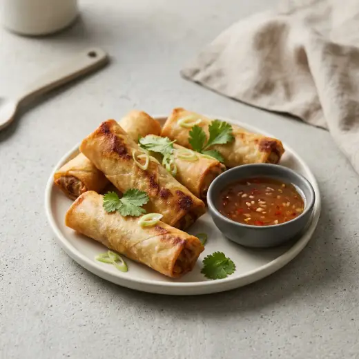 Crepes chineses congelados na air fryer, dourados, com molho agridoce numa taça