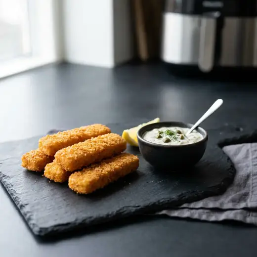 Douradinhos de peixe congelados na air fryer, dourados e crocantes, com uma fatia de limão