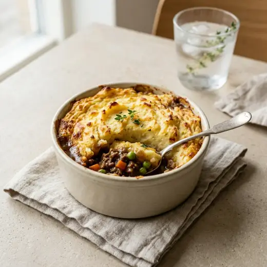 Empadão de borrego gratinado com puré dourado, servido no tabuleiro de forno