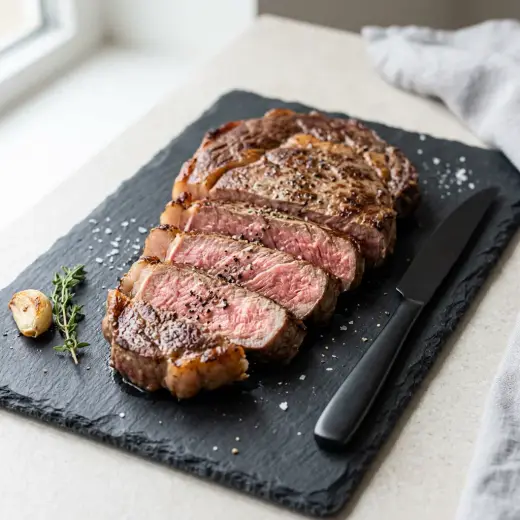 Entrecôte na air fryer, bife selado cortado em fatias com alecrim e alho