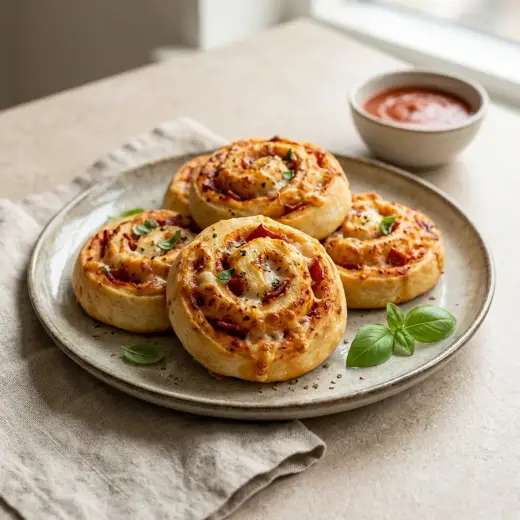 Espirais de pizza na air fryer douradas, com fiambre e queijo derretido