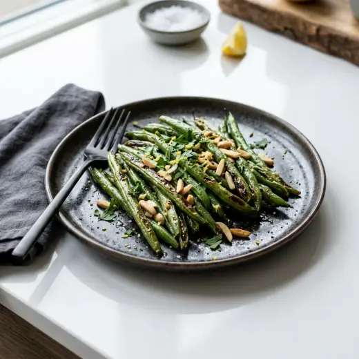 Feijão-verde na air fryer, ligeiramente tostado, com alho e azeite