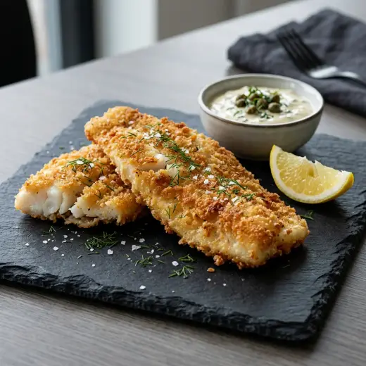 Filetes de peixe na air fryer panados e dourados com gomos de limão