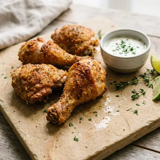 Frango crocante na air fryer, tiras panadas com panko, douradas, num prato
