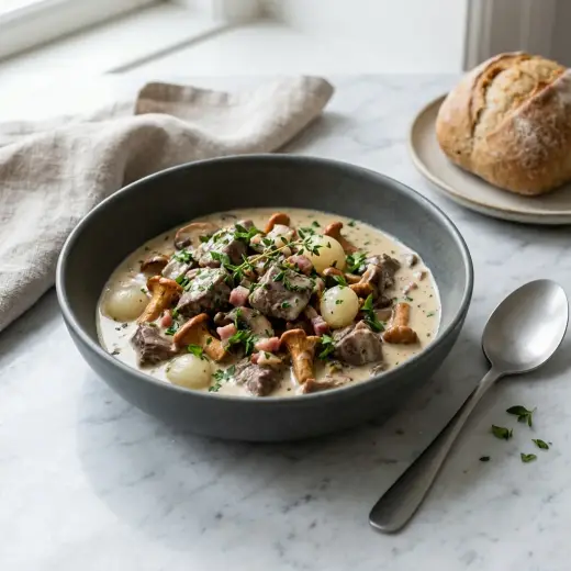 Guisado de caça com natas num tacho, com cubos de carne, cenoura e cogumelos em molho cremoso