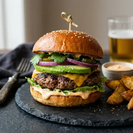 Hambúrguer mexicano com cheddar derretido, guacamole, tomate e jalapeños num pão tostado