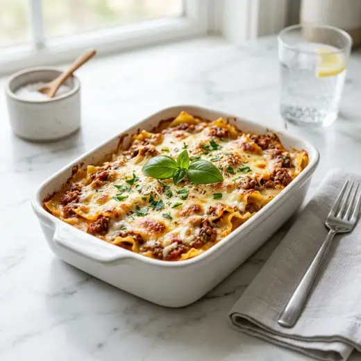 Lasagnette com carne picada, molho de tomate e queijo derretido num tacho