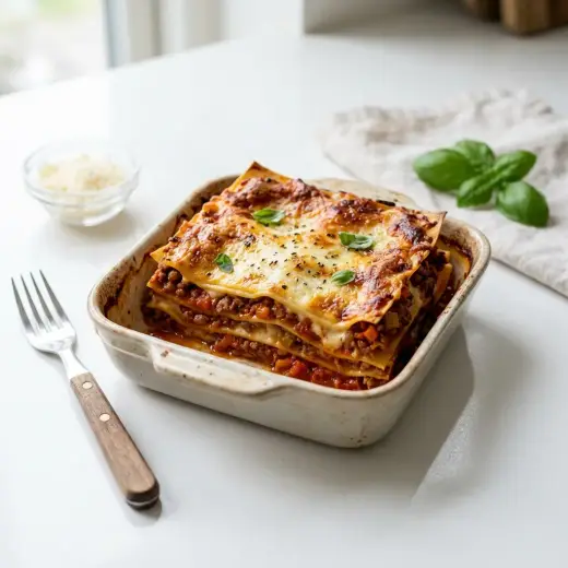 Lasanha bolognese gratinada numa travessa, com uma porção cortada e camadas de massa e molho de carne à vista