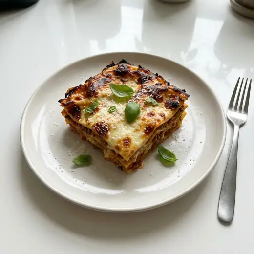 Lasanha congelada na air fryer, já gratinada, em fatia no prato, com folhas de manjericão por cima