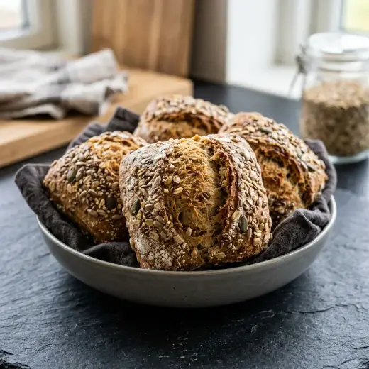 Pãezinhos de cinco cereais com côdea dourada acabados de sair do forno
