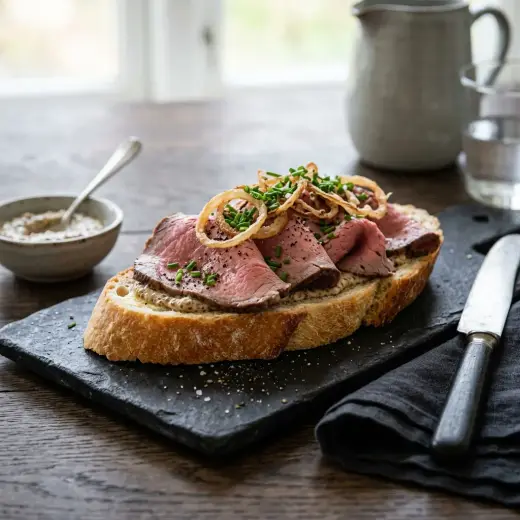 Pão branco com roastbeef, alface e mostarda numa tábua de corte