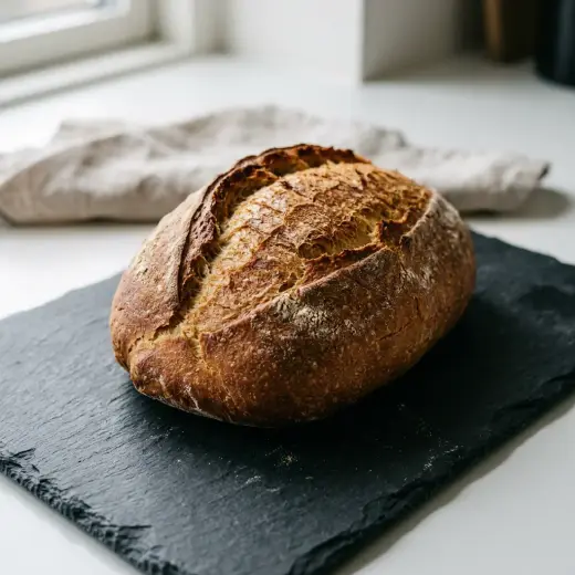 Pão branco na air fryer, redondo e dourado, a arrefecer sobre uma grelha