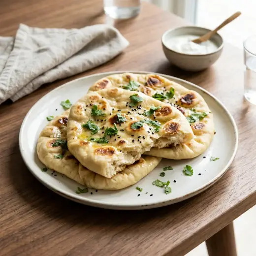 Pão naan na air fryer, dourado e pincelado com manteiga, cortado em tiras sobre uma tábua