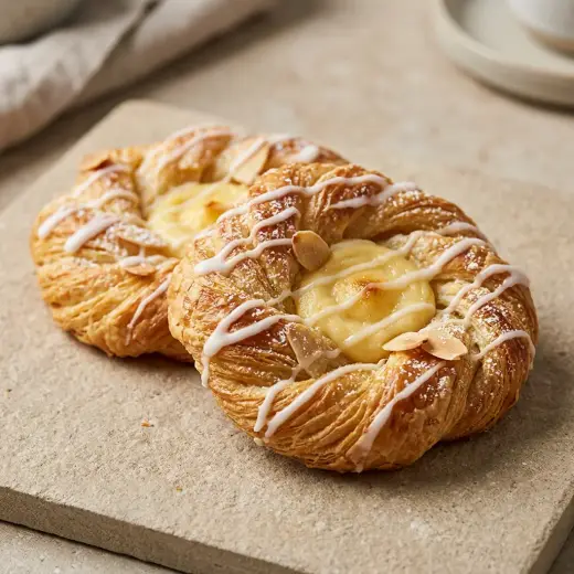 Pastelaria dinamarquesa na air fryer com creme, compota de alperce e amêndoas laminadas
