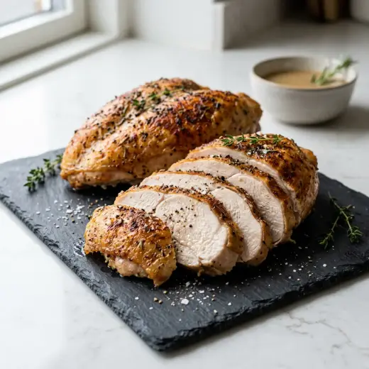 Peito de peru na air fryer fatiado, com crosta dourada de colorau