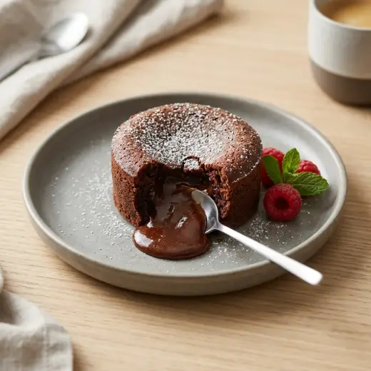 Petit gâteau de chocolate na air fryer com o centro de chocolate a escorrer