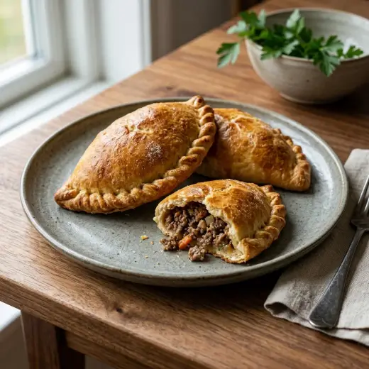Pirozhki com carne de vaca dourados e pincelados com ovo, num tabuleiro