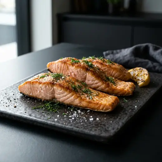 Postas de salmão na air fryer douradas, servidas com meio limão e ervas aromáticas