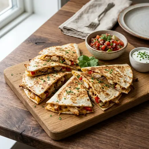 Quesadillas com frango cortadas em triângulos, com queijo derretido e recheio de pimento