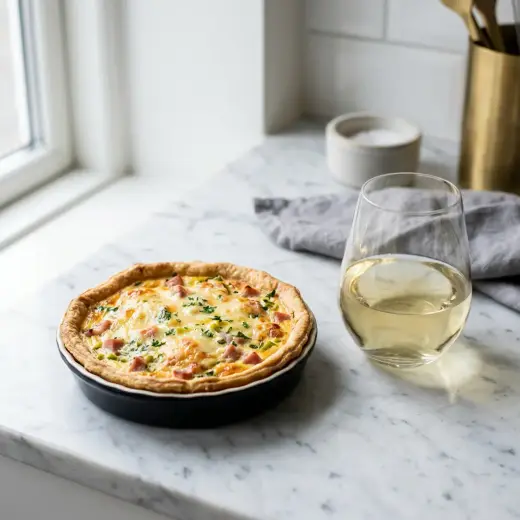 Quiche de fiambre na air fryer, dourada, com uma fatia cortada que mostra o recheio cremoso
