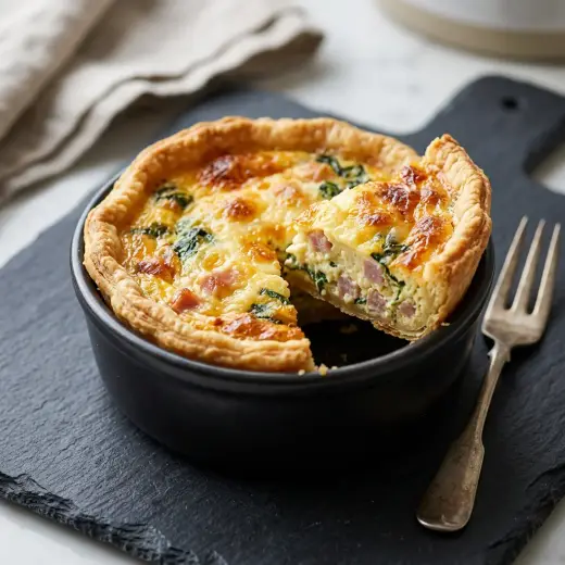 Quiche na air fryer com recheio dourado de fiambre e queijo, numa forma redonda