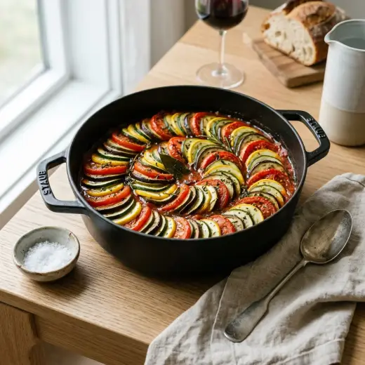 Ratatouille de beringela, curgete e pimentos em molho de tomate num tacho