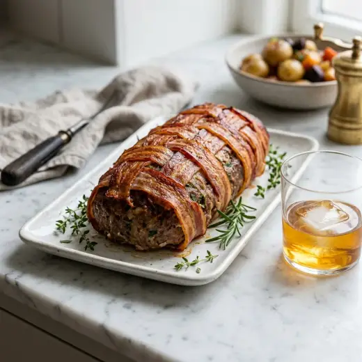Rolo de carne com bacon dourado no tabuleiro, cortado em fatias grossas