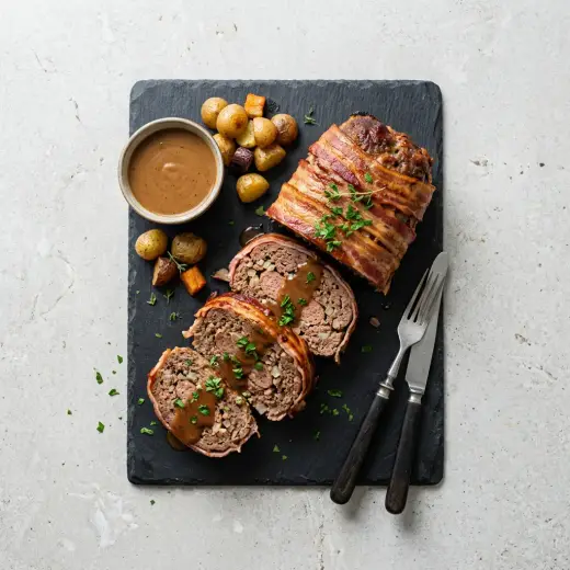 Rolo de carne dinamarquês com bacon na air fryer, cortado em fatias grossas
