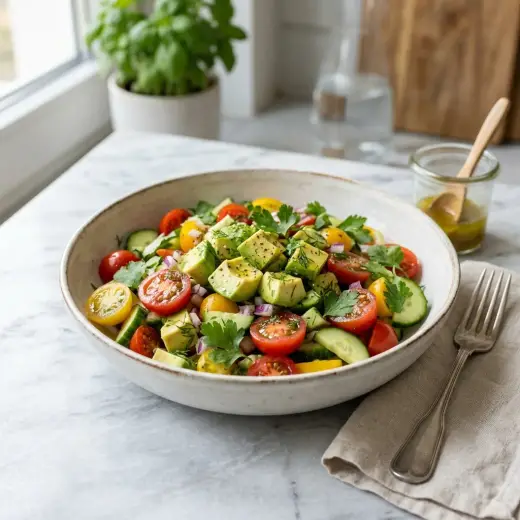 Salada de abacate com tomate cereja, pepino e coentros numa taça