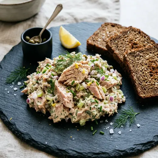 Salada de atum premium com grão-de-bico, ovo cozido, cebola e salsa numa taça