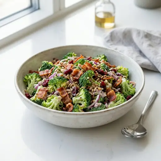 Salada de brócolos com bacon crocante, cebola roxa e sementes de girassol numa tigela