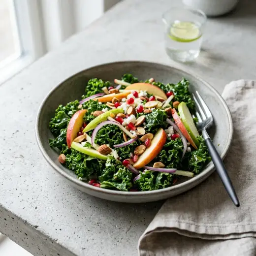 Salada de couve kale com maçã em fatias finas e nozes picadas numa taça
