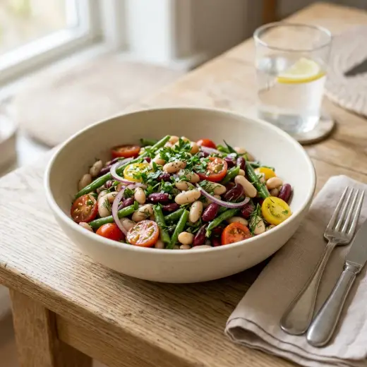 Salada de feijão frade com atum, ovo cozido, pimento e salsa numa tigela